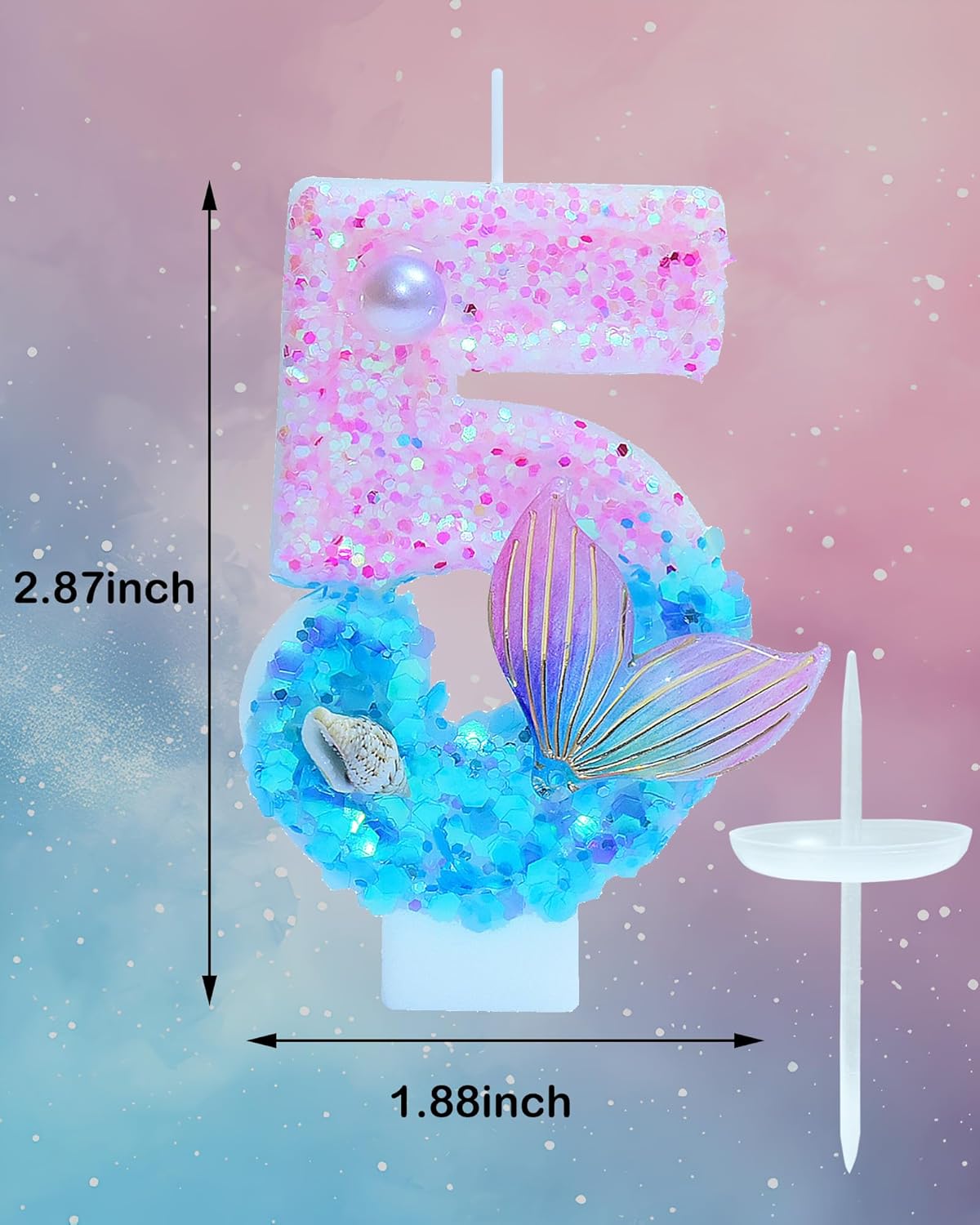 인어 테마 생일 양초, 숫자 5 여아용 글리터 생일 파티 용품, 기념일 파티 장식, 7.3cm(2.8인치) 케이크 토퍼 장식 (인어 테마, 숫자 5)