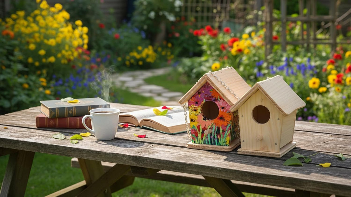 2pc DIY Birdhouse Kit, Cedar Wood Bird House Kits Bulk for Adults, Art Craft Outdoor Birdhouse, Solid Wood Weather Proof Material Painting Kit, Chain for Tree Hanging