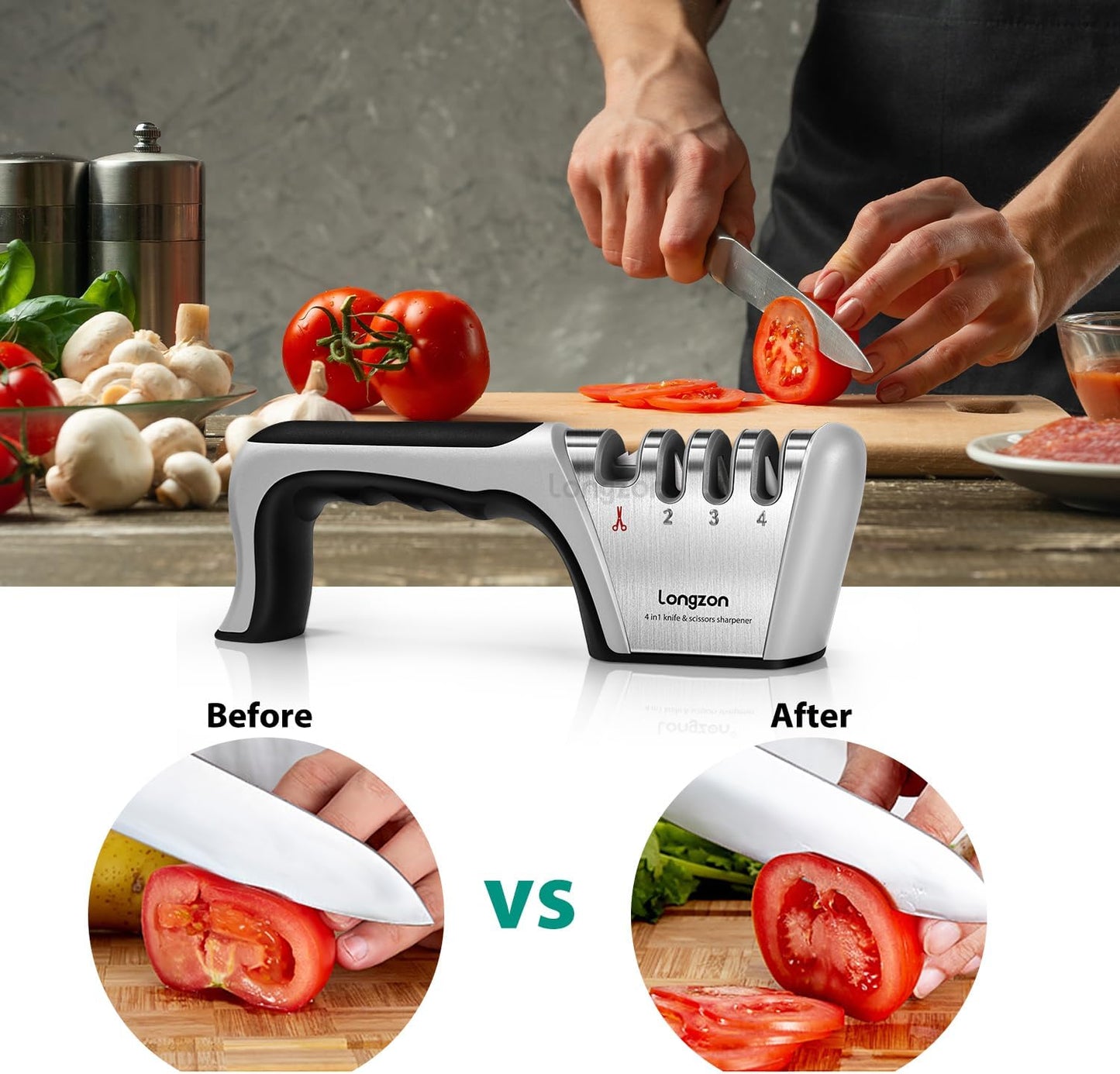 Longzon 5-in-1 Knife Sharpener [4 Stage] with a Pair of Cut-Resistant Glove,Original Premium Polish Blades, Best Kitchen Knife Sharpener Works for Fruit and Steel Knives, Scissors(Black+Silver)