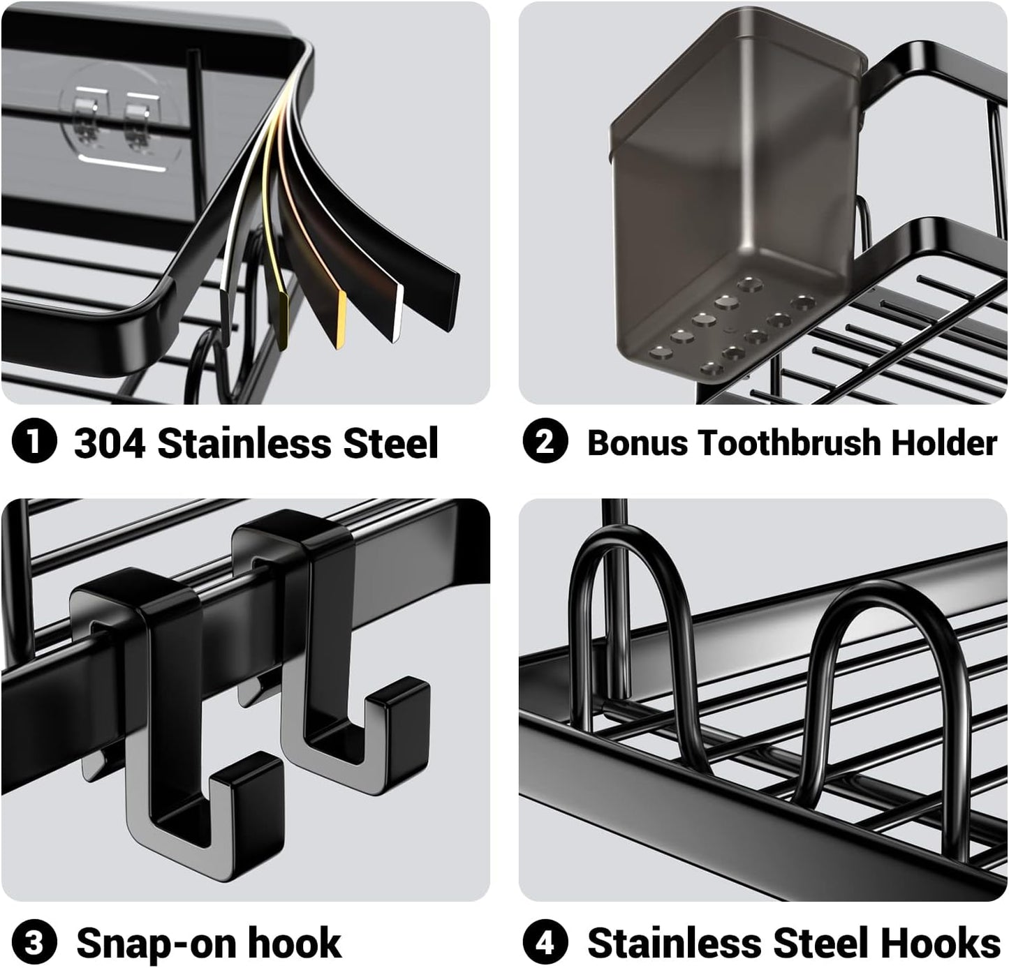 Corner Shower Caddy, 2 Pack Adhesive Shower Corner Organizer Shelves, No Drilling Stainless Steel Shower Storage Rack with Hooks&Toothpaste Holder for Bathroom Kitchen （for 90° Corners Only）