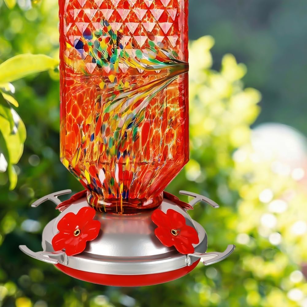 Hand Blown Glass Hummingbird Feeder for Outdoors Hanging Square Chaning Color 38 OZ Humming Birds Feeders with Accessories Gift for Women Mom (Red)