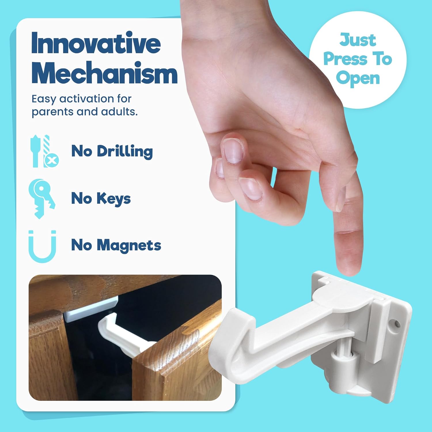 Upgraded Invisible Baby Proofing Cabinet Latch Locks (10 Pack) - No Dr