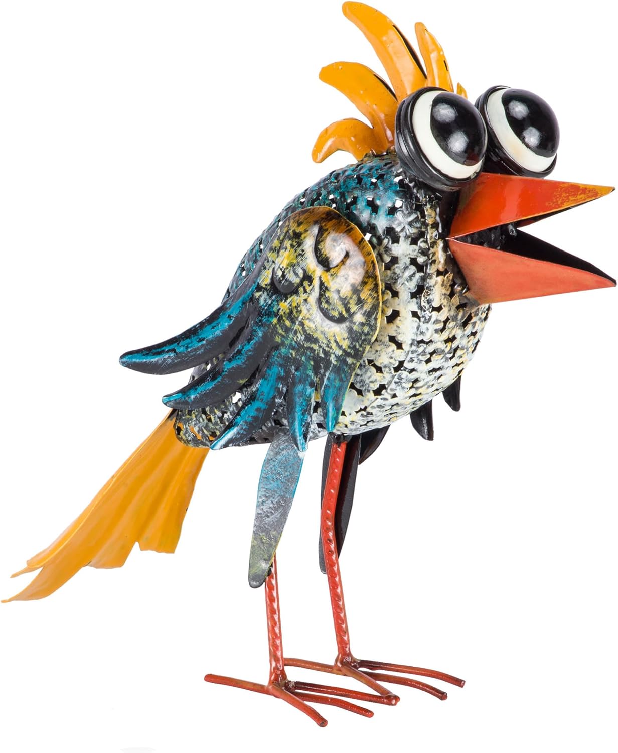 Alpine Corporation 11" Tall Outdoor Metal Wide-Eyed Bird Standing Yard Statue Decoration, Multicolor