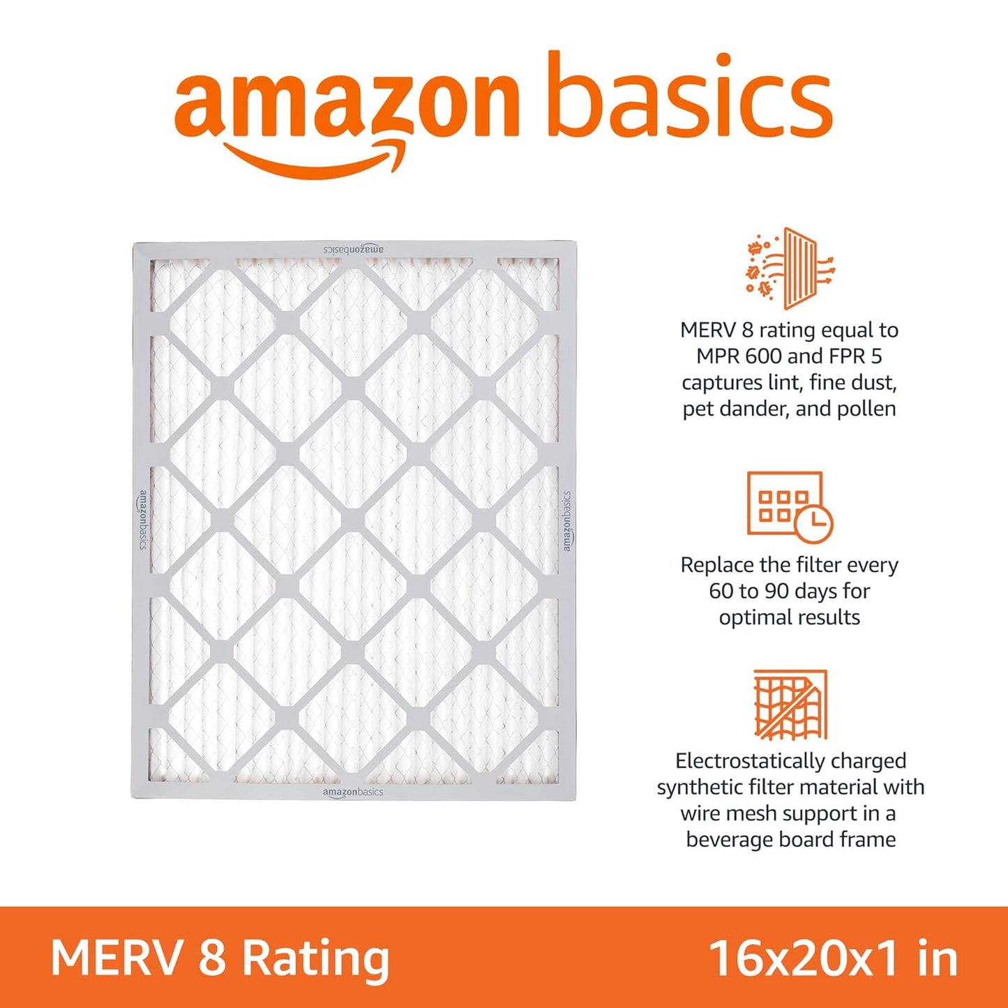 Amazon Basics 16x20x1 Air Filter 6-Pack, MERV 8 AC Furnace Filters, Allergy Control, Removes Dust, Lint and Pollen, Electrostatic (Actual Size: 15.75" x 19.75" x 0.75")
