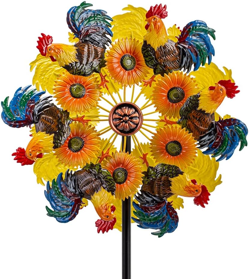 DREAMYSOUL Metal Sunflower and Rooster Fall Wind Spinners, Fall Decorations Outdoor, Kinetic Wind Spinners for Farmhouse Garden Lawn Yard Decor, Harvest Thanksgiving Gifts