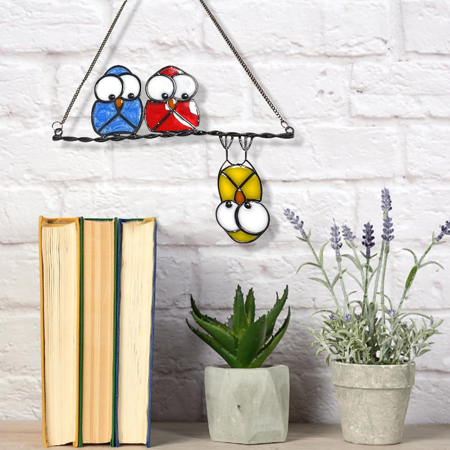 Stained Glass Birds Window Hangings, Multicolor 3 Owls Double-Side Stained Glass Hummingbird Decorations,Bird Suncatcher for Window Home Garden Decor Hummingbird Gifts for Bird Lovers (Yellow)