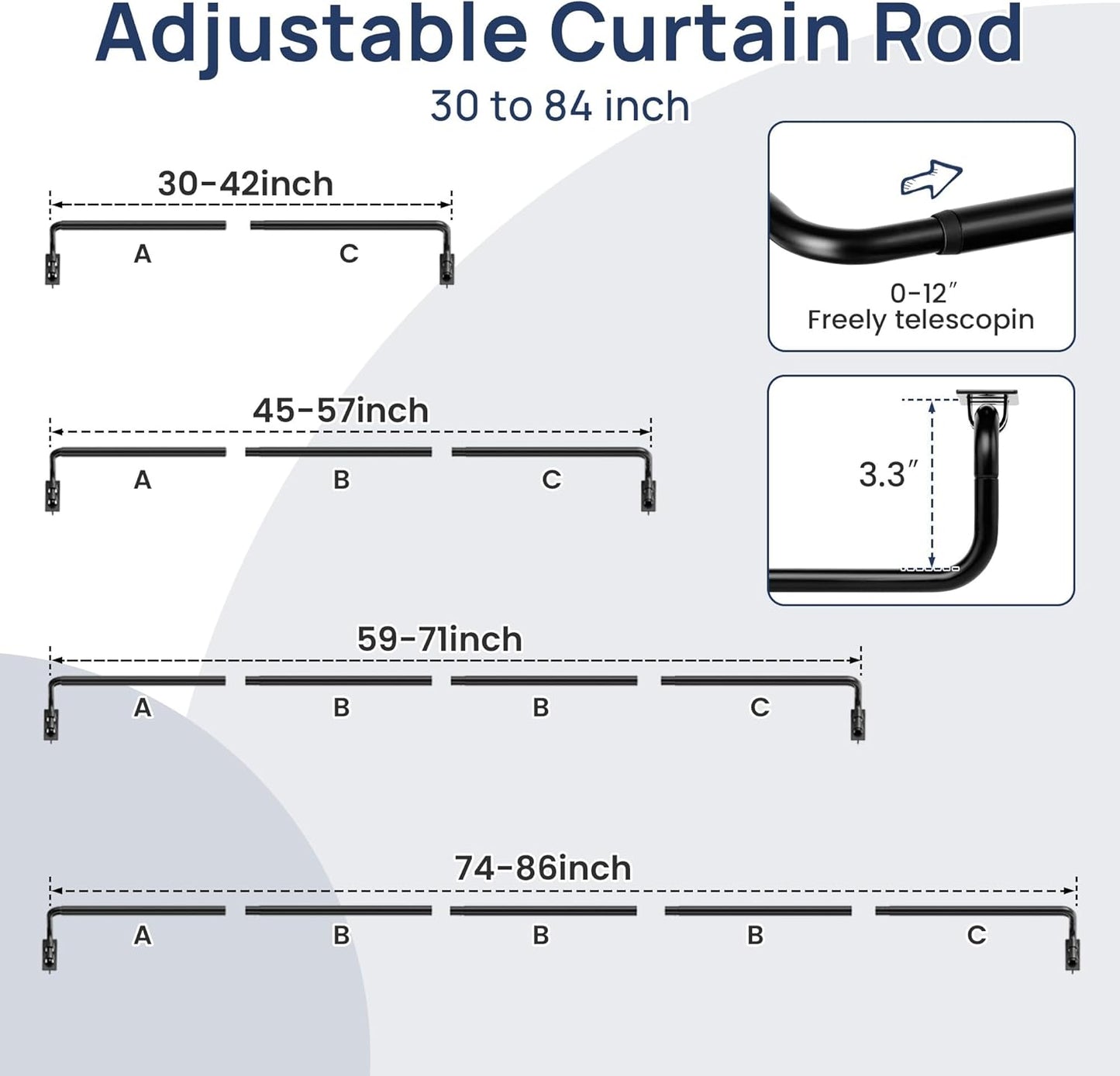 ENJOYBASICS Blackout Curtain rod for windows 48 to 84, 5/8 in Wrap Around Curtain Rods for Bedroom, Living Room, Adjustable from 30 to 86 Inches, Matte Black