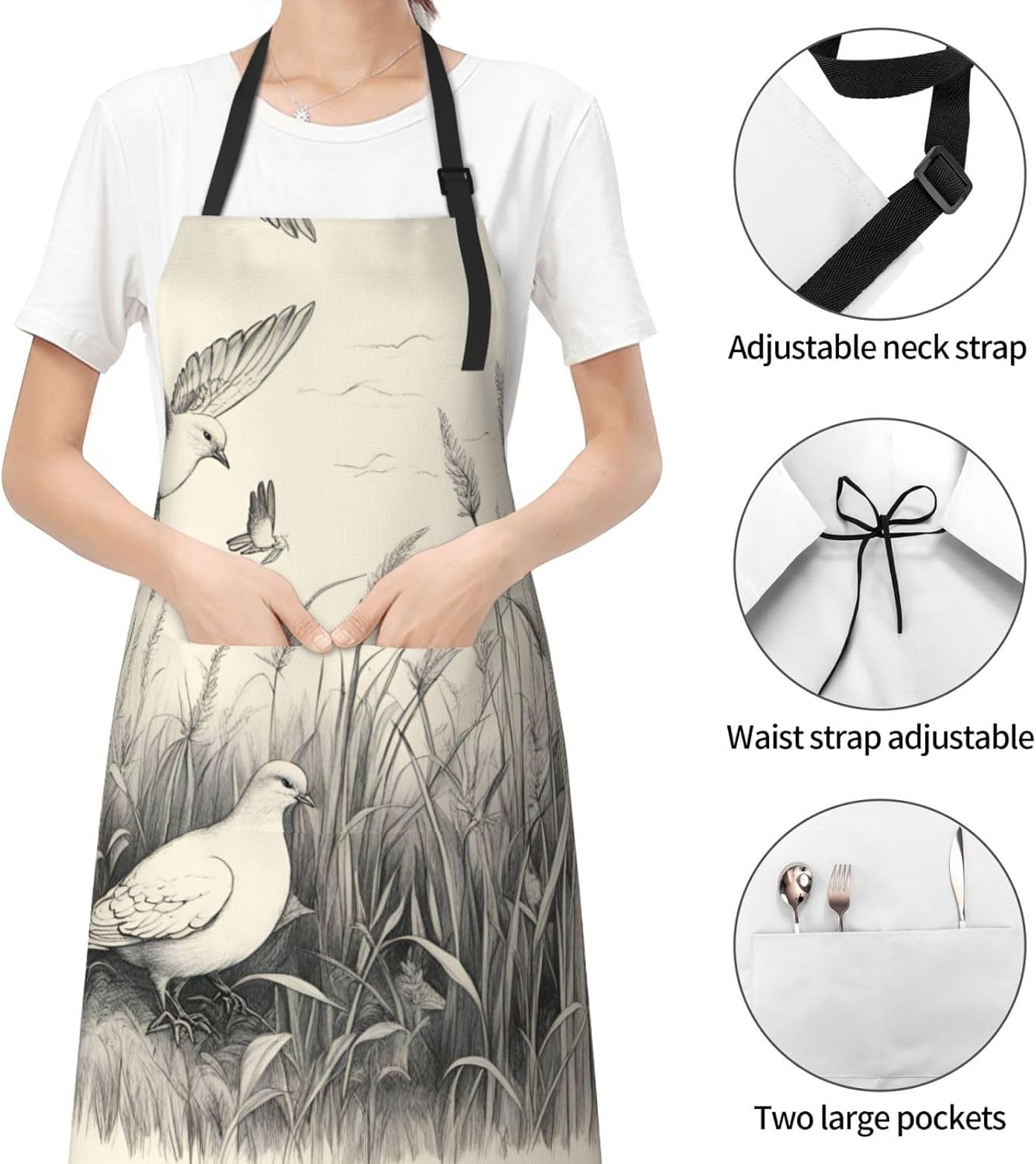 Grass and dove print Waterproof chef's apron with pocket apron for kitchen cooking baking barbecue and gardening