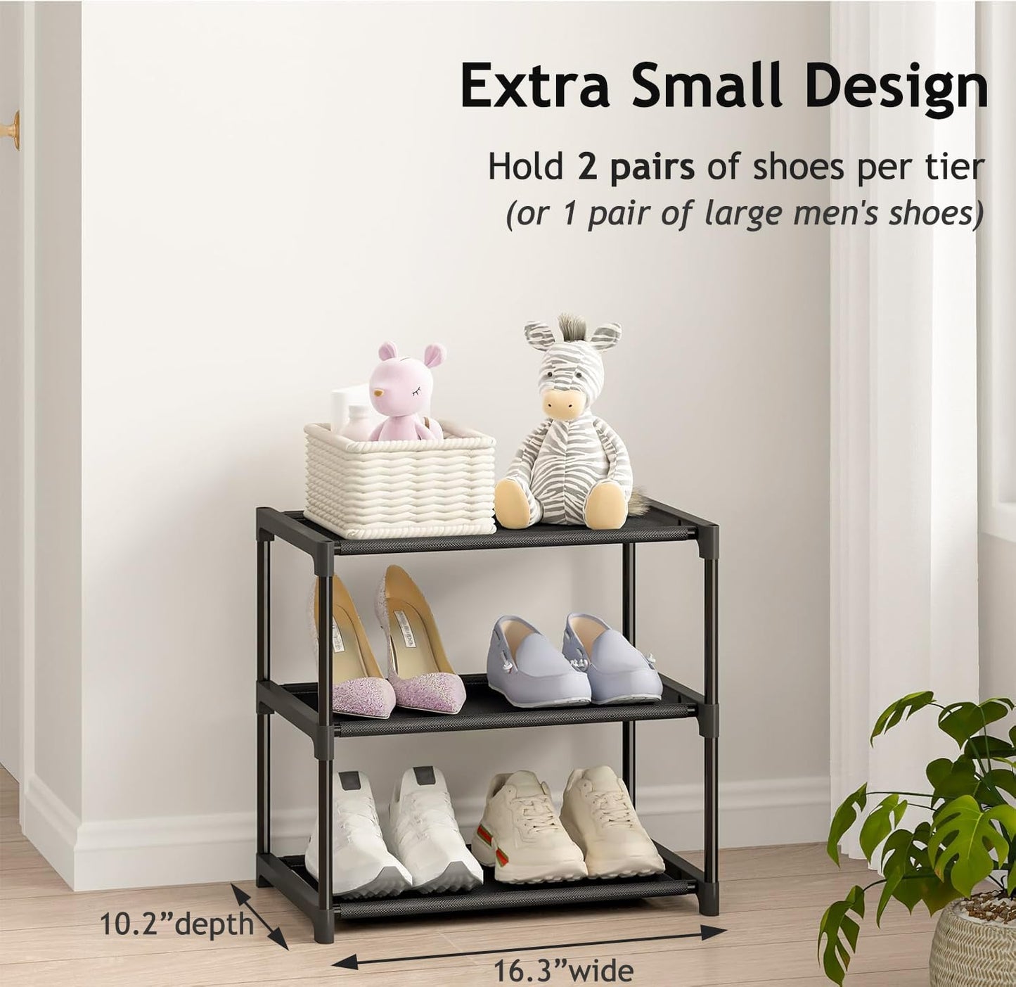 3 Tier Extra Small Shoe Rack (16.3" Wide), Narrow Stackable Shoe Shelf