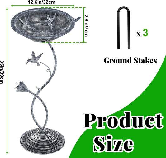 Bird Bath Garden for Outside, Vintage Metal Birdbaths Bowl with Roman Pedestal for Outdoors, Standing Bird Bath Bowl Birdfeeder for Yard Lawn Decor (Vintage Silver - Hummingbird)