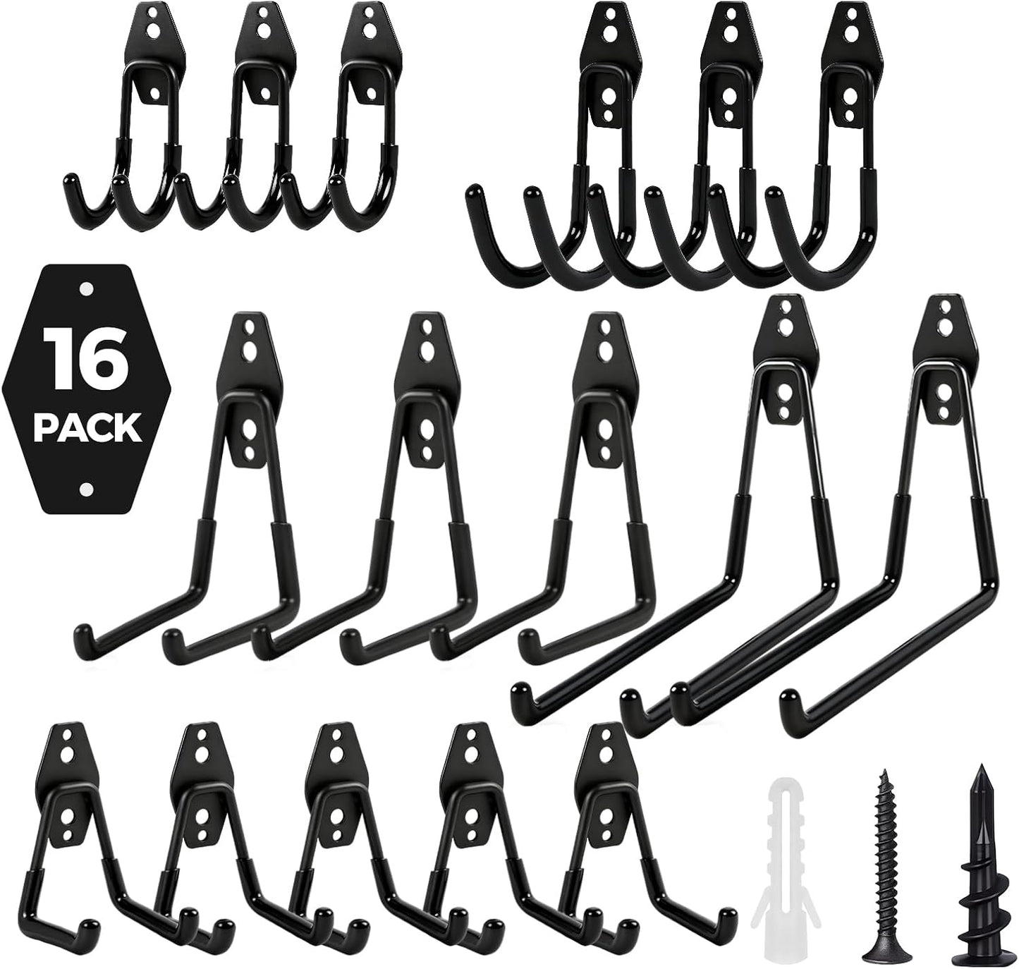 Garage Hooks Heavy Duty - 16 Pack Garage Storage Hooks Anti-Slip Coating Wall Mount Hook for Hanging Ladders Bikes Garden Tools Hose