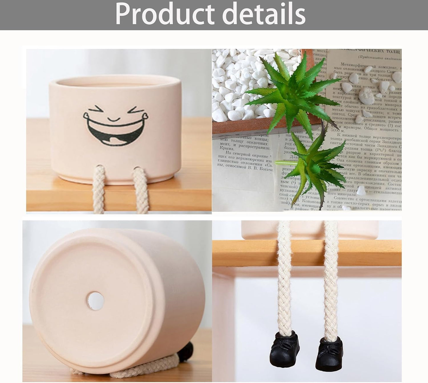 Artificial Succulents Potted Plant, Beige Cute Ceramics Planter with Faux Plants, Small Fake Plants Office Decor for Women Small Plants Pot with Hanging Leg for Shelf Decor
