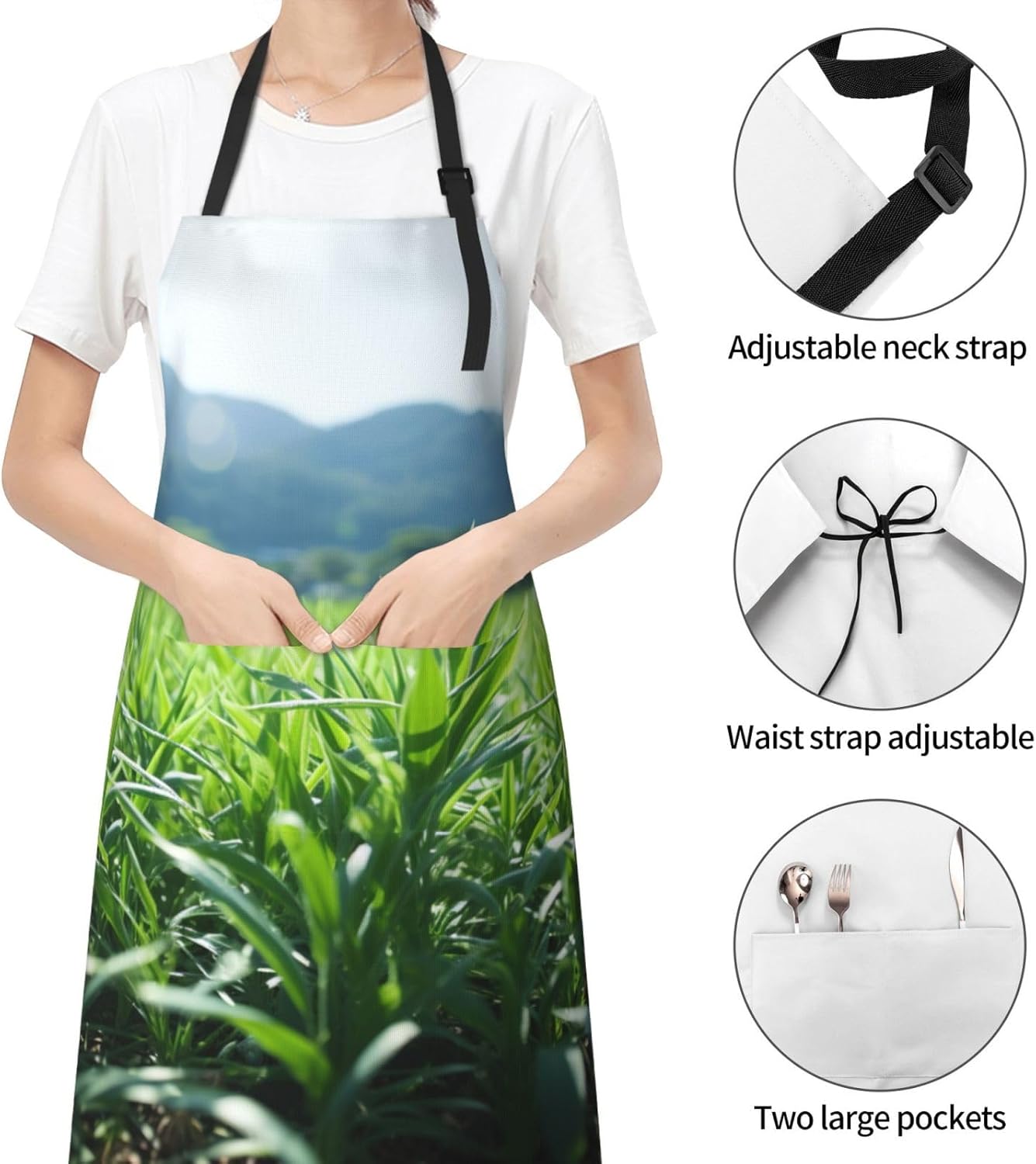 Organic Green print Waterproof apron with pocket adjustable cooking apron for adult kitchen bibs to bake