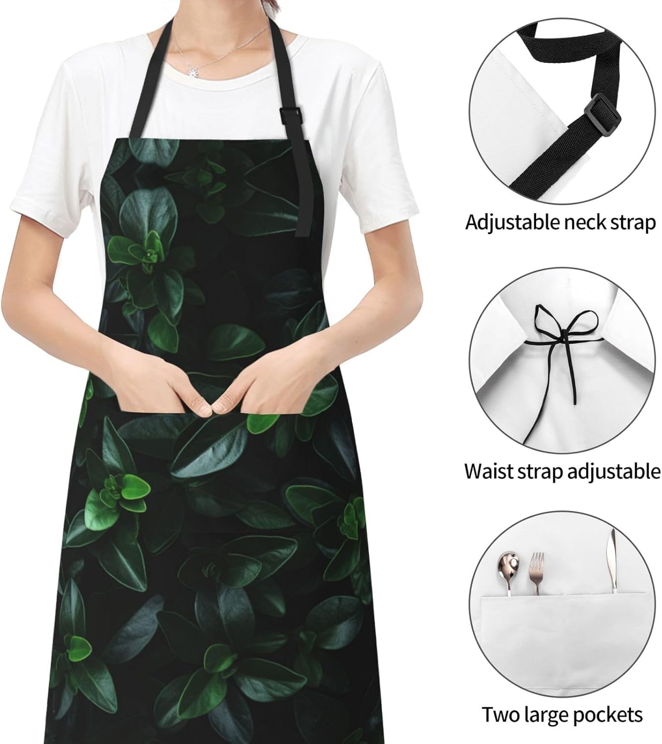 Green Long Leaves print Waterproof apron with pocket adjustable cooking apron for adult kitchen bibs to bake