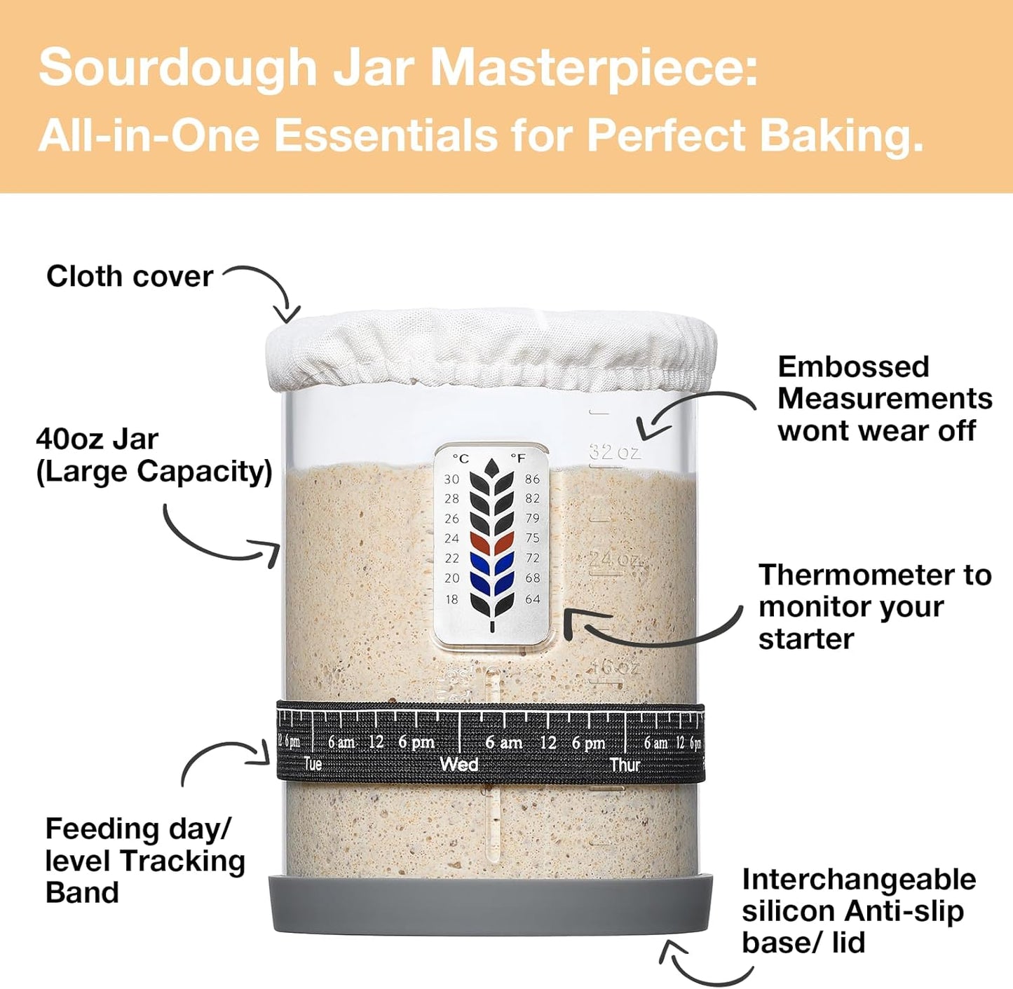 Premium Pro Sourdough Starter Jar Kit - 40oz Large Wide Mouth Sourdough Bread Jar with Marked Feeding Band, Thermometer, Scraper, Cloth Cover and Silicone Lid/Base, Glass Container, Baking Supplies