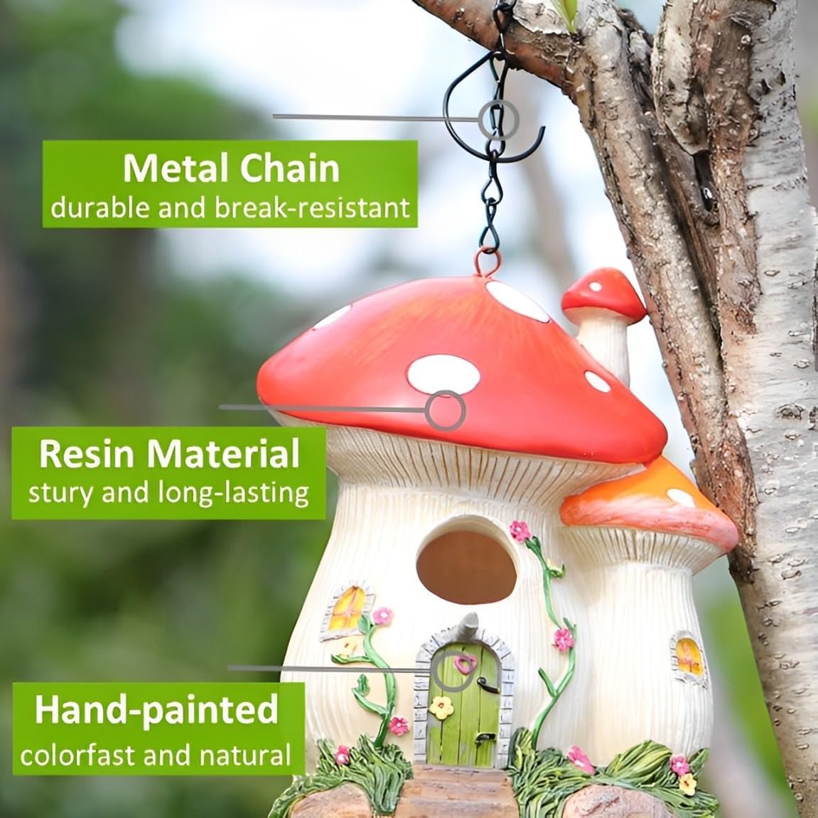 Bluebird Houses for Outside, Bird Houses for Outside, Mushroom Cute Resin Birdhouses for Outdoors, Weatherproof Courtyard Decorated Hanging Bird House, Nesting Bird House, Gift for Bird Lovers (Red)