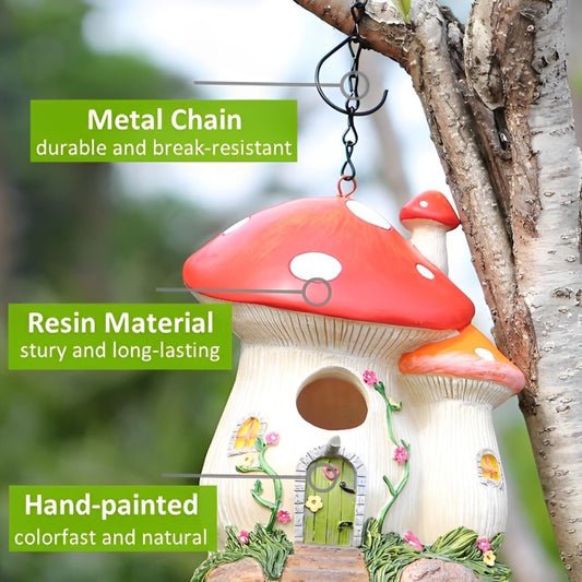 Bluebird Houses for Outside, Bird Houses for Outside, Mushroom Cute Resin Birdhouses for Outdoors, Weatherproof Courtyard Decorated Hanging Bird House, Nesting Bird House, Gift for Bird Lovers (Red)