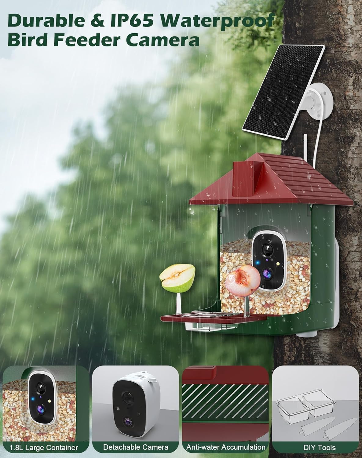 Smart Bird Feeder with Camera Solar Powered, 5MP 2.5K HD Live Video Bi