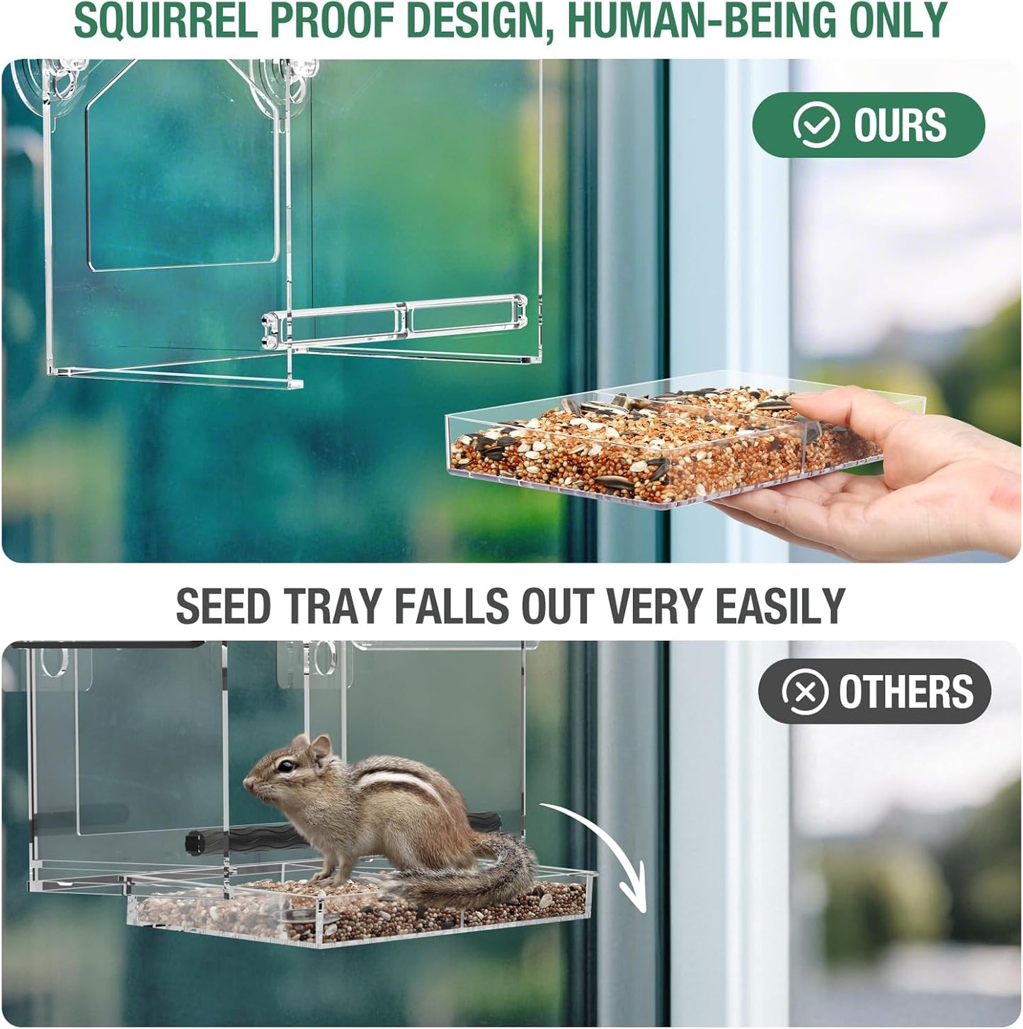 Window Bird Feeder with Strong Suction Cup and Self-Adhesive, Clear Window Birdfeeder for Larger Viewing, Squirrel-Proof Window Bird for Cats Outdoors