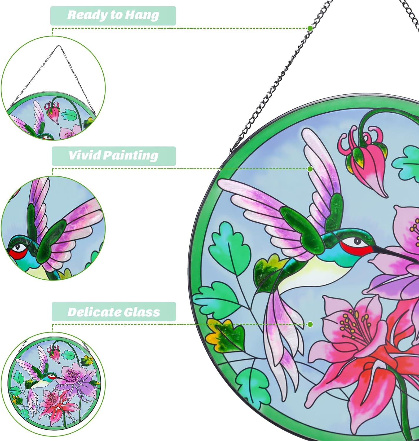 MUMTOP Hummingbird Stained Glass Window Hanging 12 Inch Large Colorful Bird Flower Suncatcher Birthday Gift for Mom Grandma Bird Lovers