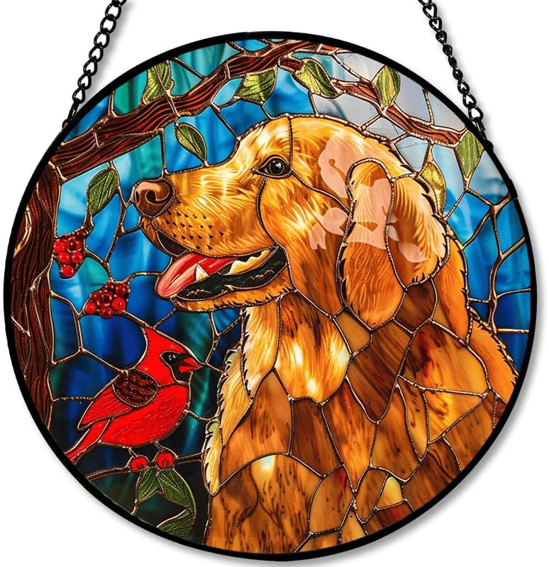 Stained Glass Window Hanging - Golden Retriever & Cardinal Bird 7.8in Sun Catchers Indoor Stained Glass Panels Wall Decor for Mom, Wife, Lovers, Festive