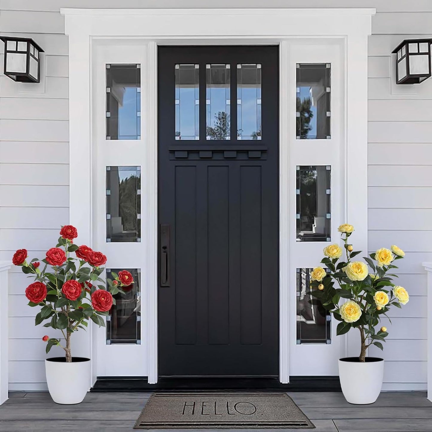 momoplant Artificial Camellia Tree 30 Inch Faux Flower Plant Set of 2 Fake Camellia Trees with 2 Black Pots Plant for Office Home Porch Outdoor Indoor Decor (Yellow&Red)