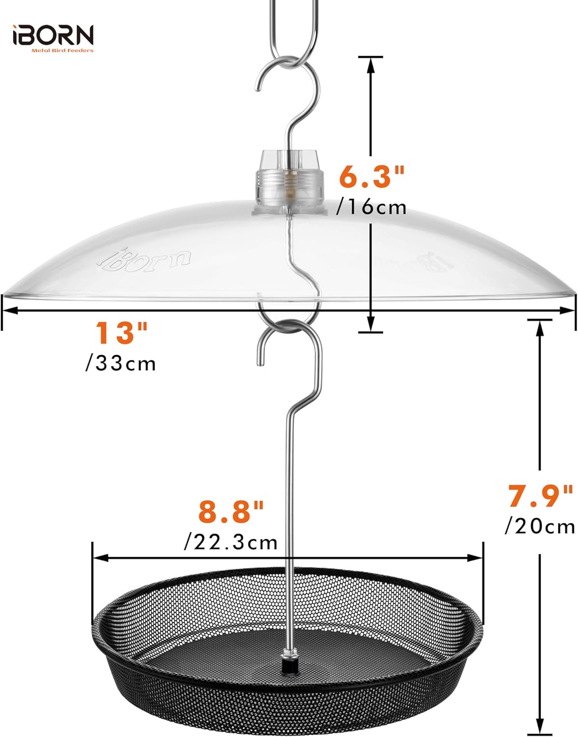 iBorn Hanging Bird Feeder Tray & Rainroof Cover, Bird Feeder Bowl with 13”Bird Feeder Cover for Rain Guard, Chew-Proof Polycarbonate & Thick Metal Hanger, Easy to Refill & Clean, Transparent & Black