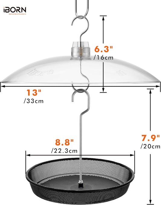 iBorn Hanging Bird Feeder Tray & Rainroof Cover, Bird Feeder Bowl with 13”Bird Feeder Cover for Rain Guard, Chew-Proof Polycarbonate & Thick Metal Hanger, Easy to Refill & Clean, Transparent & Black