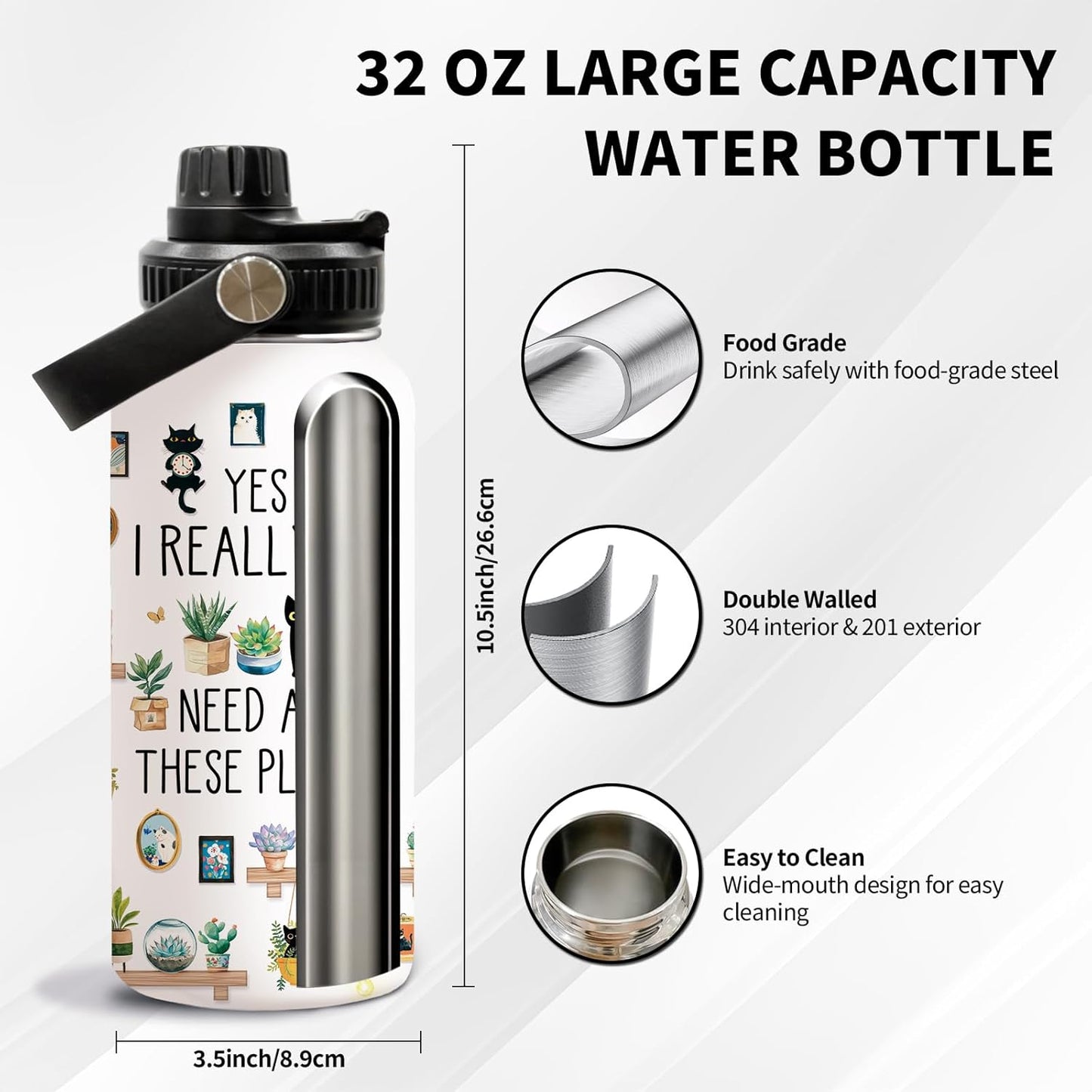 Gardening Gifts for Women, Plants Cat Water Bottle with Lid 32oz, Garden Gift for Plant Lovers Gardeners Lady Women, Plant Travel Cup Insulated Tumbler for Thanksgiving Christmas, 1 PCS