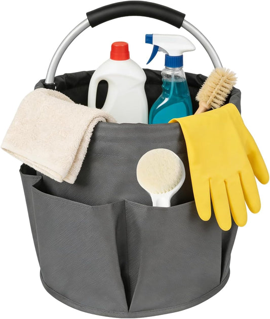 17L Cleaning Caddy with Handle, Garden Tool Organizers Bag, Cleaning Bucket Organiser, Foldable Gardening Bags Multi Pocket, Grey