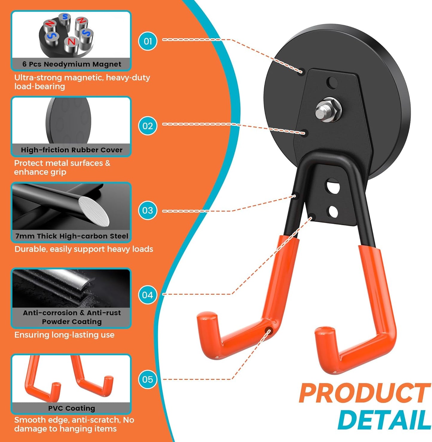 3 Pack Heavy Duty Storage Magnetic Utility Hooks, Ndfeb Strong Large Garage Magnet Hooks, Extra Big Magnetic Hook, Industrial Magnet Holder for Hanging Power Drill Broom Garden Tools Pegboard