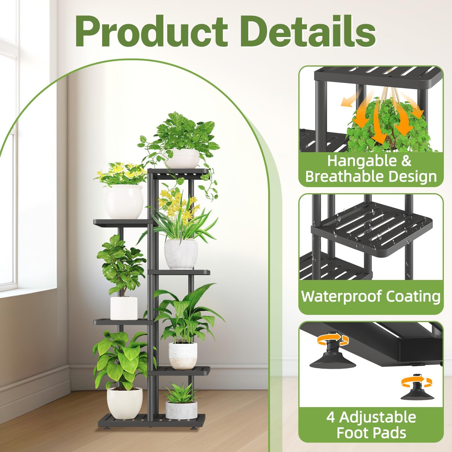 iDavosic.ly Plant Stand Indoor Outdoor, 5-Tier Tall Metal Flower Shelf