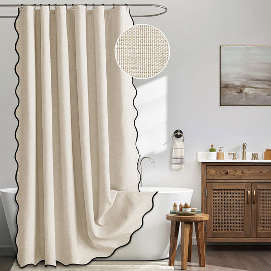 MIULEE Beige Scalloped Shower Curtain Linen Textured with 12 Metal Hoo