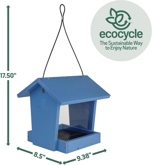 Bird Banquet Recycled Plastic Hopper Bird Feeder with Fresh Seed Tray for Wild Birds and Outdoor Décor, 2.15 Quart Capacity, Blue