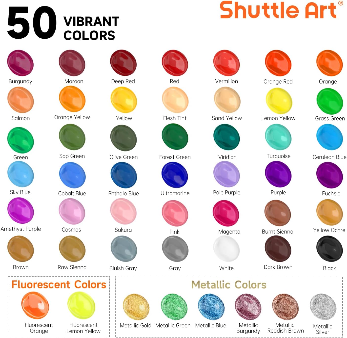 Shuttle Art Acrylic Paint, 50 Colors Acrylic Paint Set, 2oz/60ml Bottl