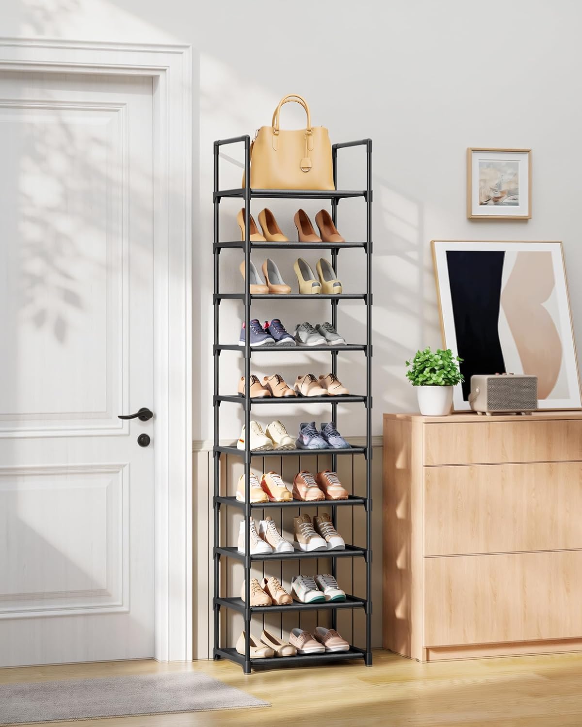 Kitsure Shoe Rack - 10-Tier Shoe Organizer with Detachable Fabric Shelves & Metal Frame, Tall Shoe Rack for Closet, Entrance, Living Room, 16.9" Wide - 10 Tier, Black