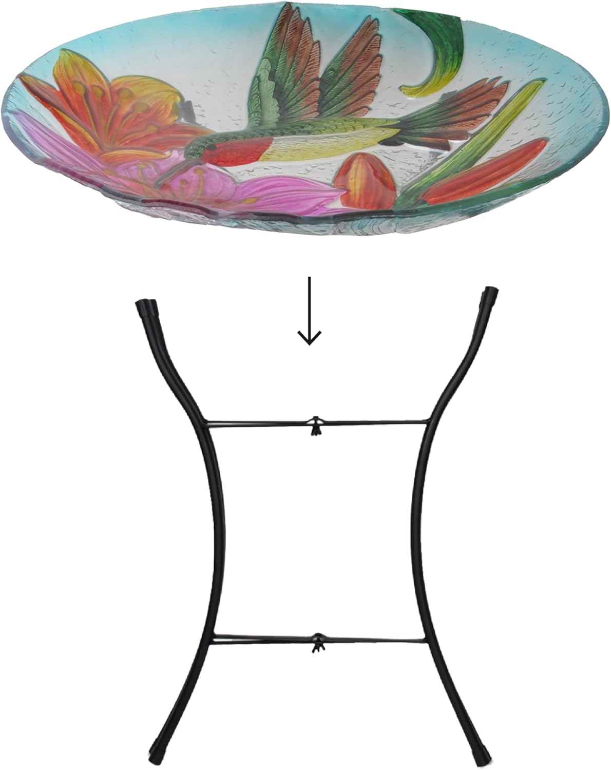 Teamson Home Handpainted Hummingbird Fusion Glass Birdbath Bowl Feeder with Metal Stand for Outdoor Patio Garden Backyard Decking, 21 Inch Height, Purple/Light Blue