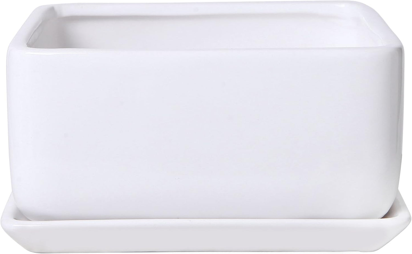 MyGift Modern White Ceramic Square Indoor Small Planter, Flower Succulent Plant Pot with Drainage Hole and Removable Drip Tray