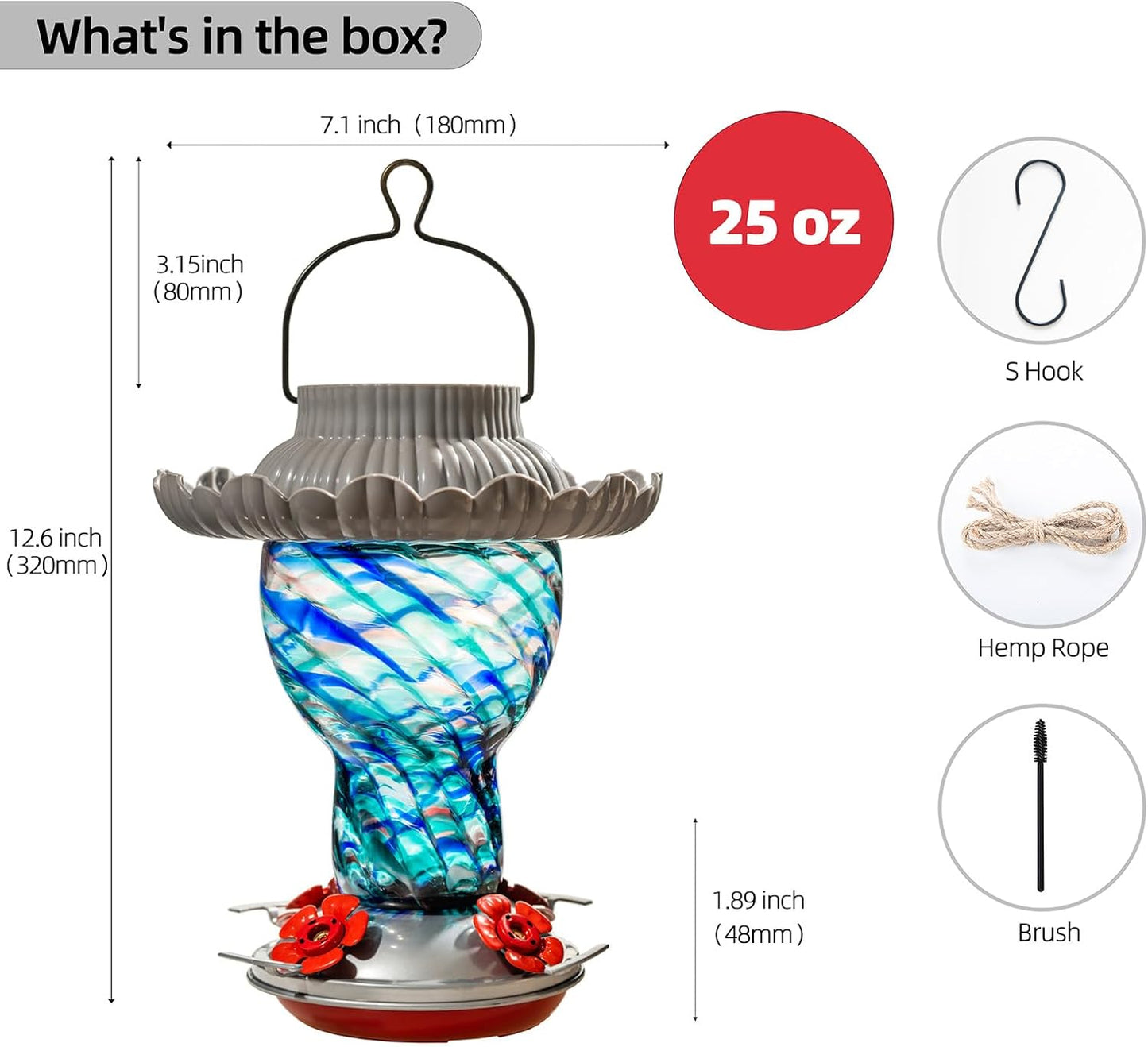 Solar Hummingbird Feeder for Outdoors Hanging Ant and Bee Proof, 25oz Color Changing Light Hand Blown Glass, Leakproof Garden Decor, Gitfs for Bird Lover (Blue)