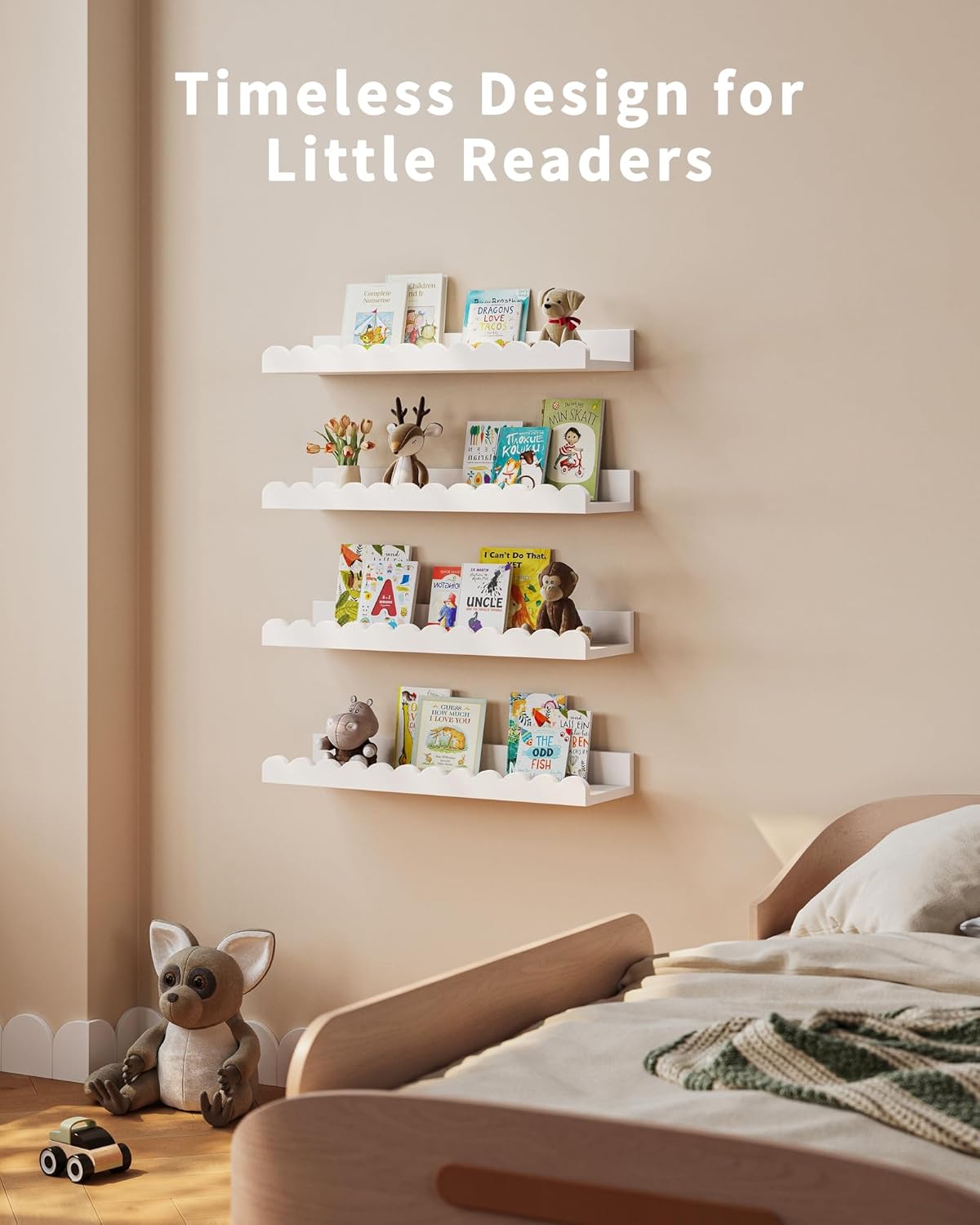 Shario Nursery Book Shelves, 4-Pack White Floating Shelves for Wall Ki