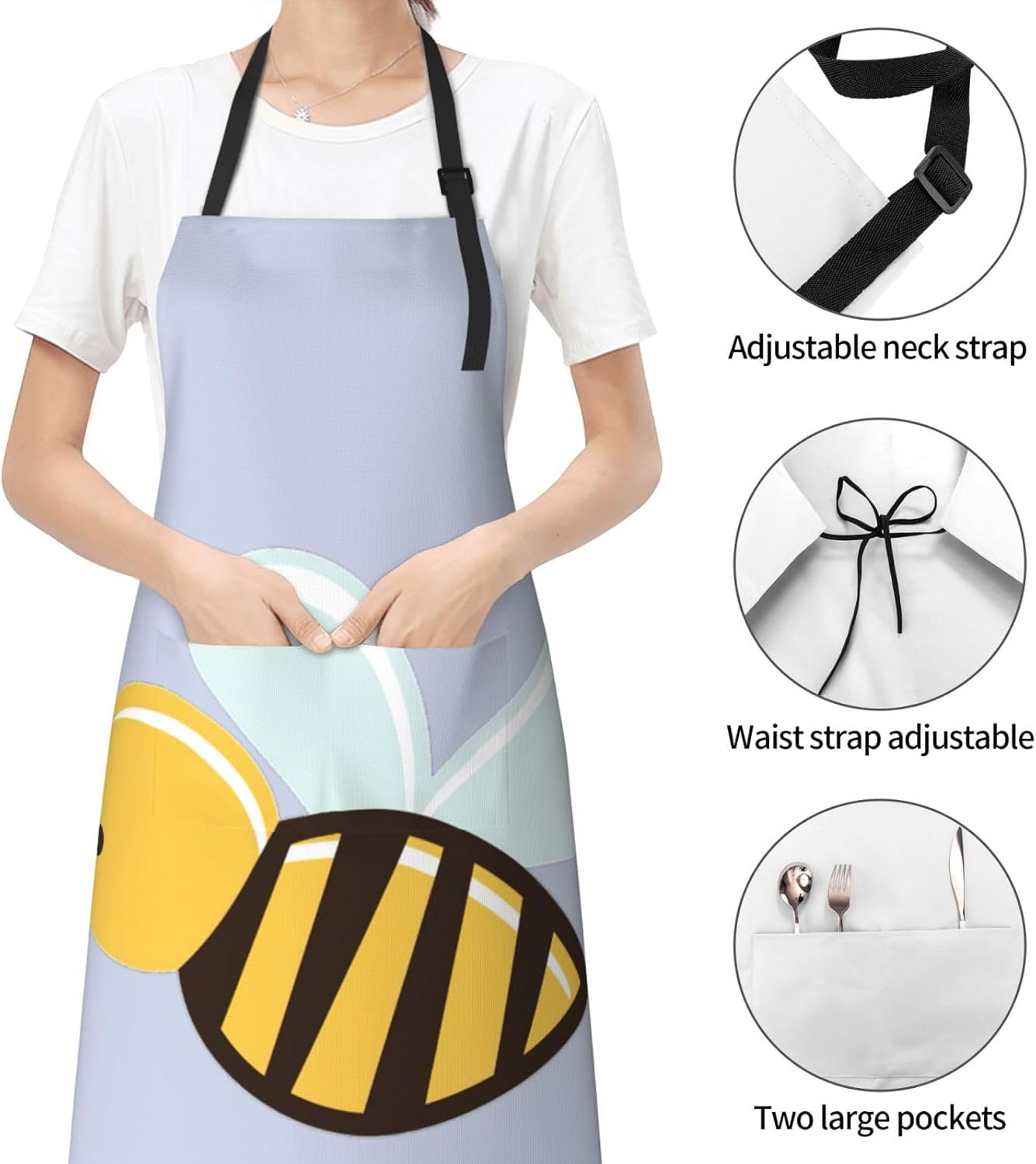 Cartoon Bee Print Laundry apron 28x33 In Waterproof Kitchen Apron with Pockets for Cooking Baking