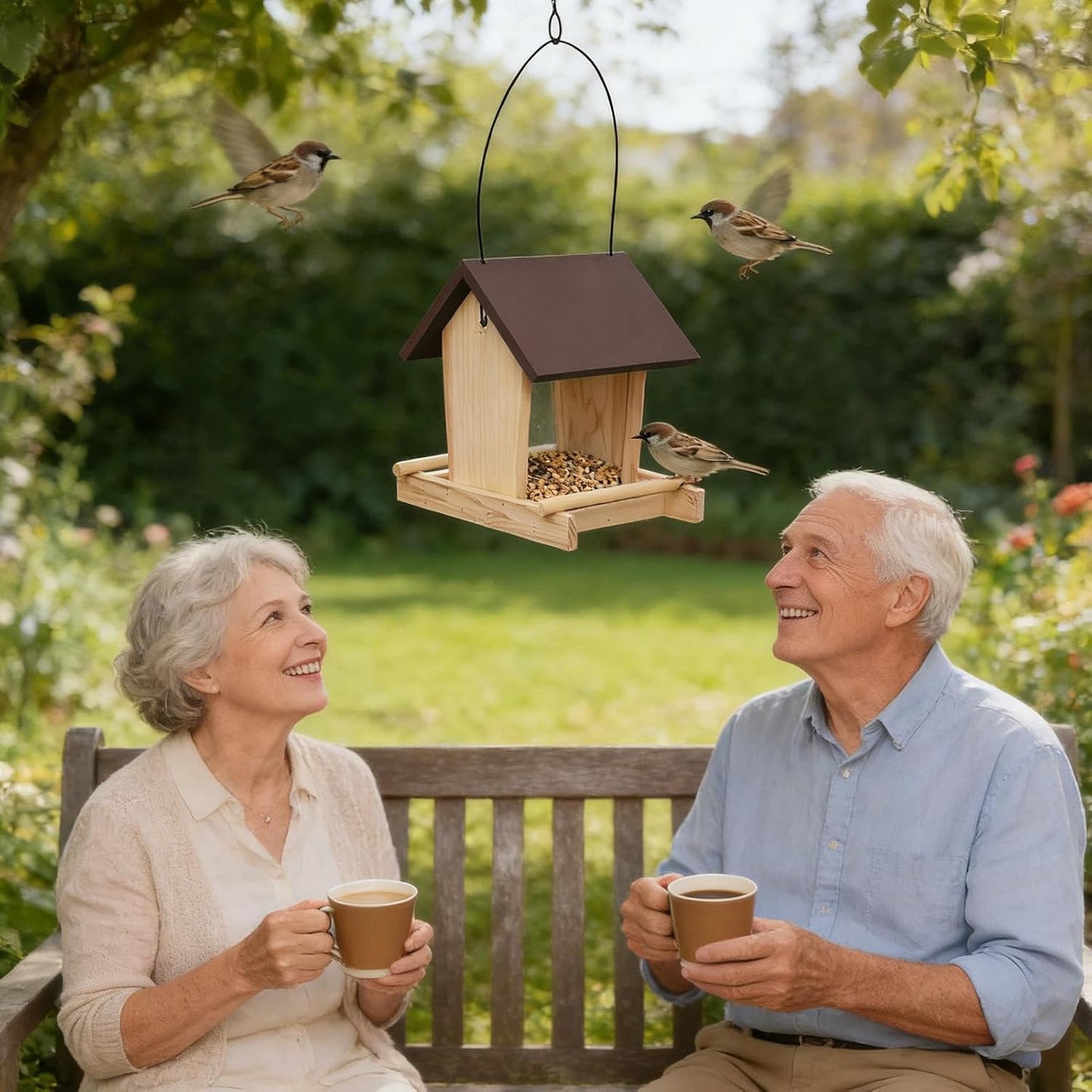 Bird Feeder Stand, 20.5x16.5x21cm Wooden Treat Bowl with Rope Top for Balcony, Garden, Patio, Backyard, Fence, Pet Lovers, Outdoor Bird Viewing Use