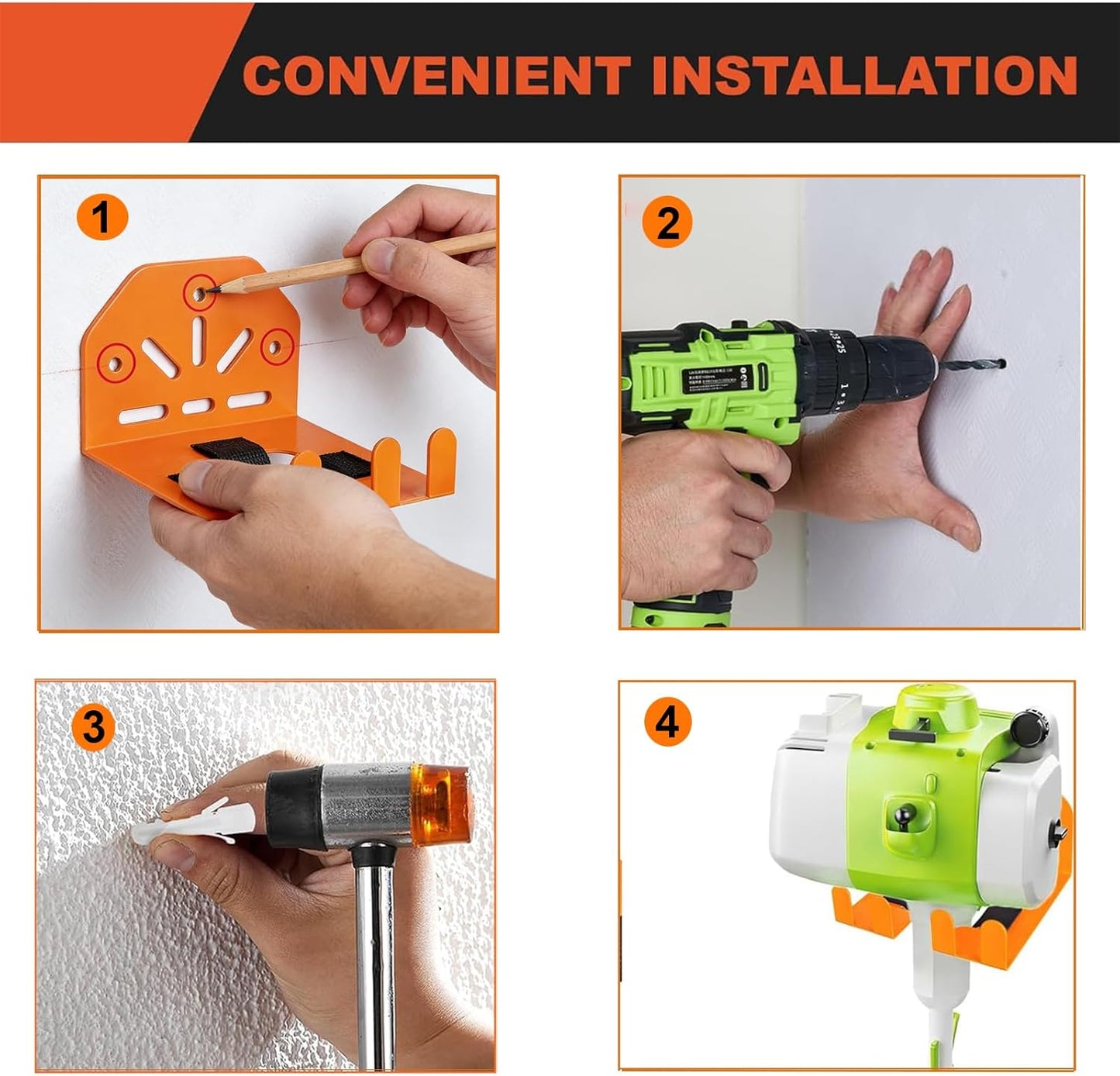 Wall Mounted Tool Holder for Garage & Garden - Heavy Duty Trimmer Rack for Weed Eater, Hedge Trimmer, Lawn Mower & Power Tools, Orange (2)