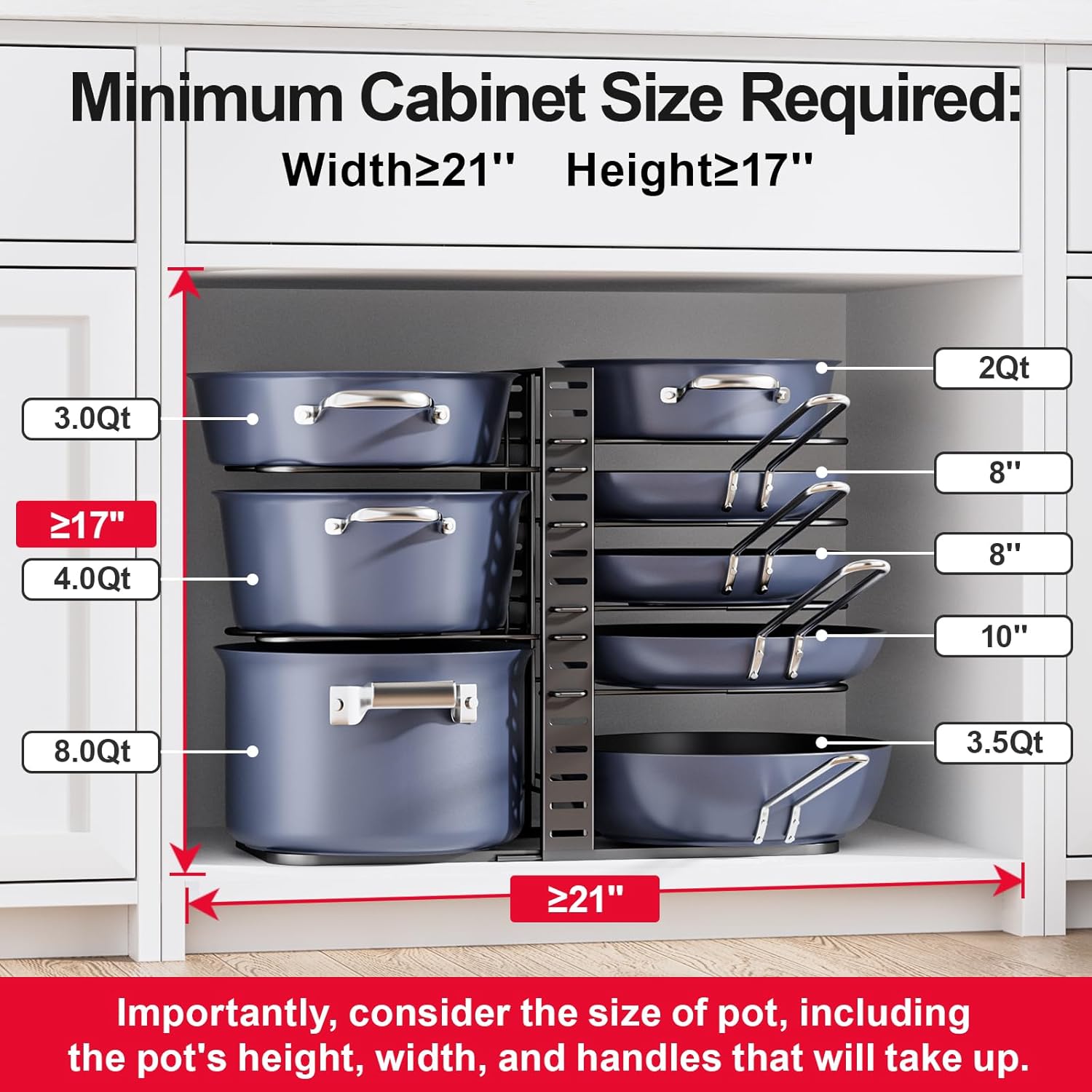 ORDORA Pots and Pans Organizer under Cabinet 14.55 Height, Adjustable 