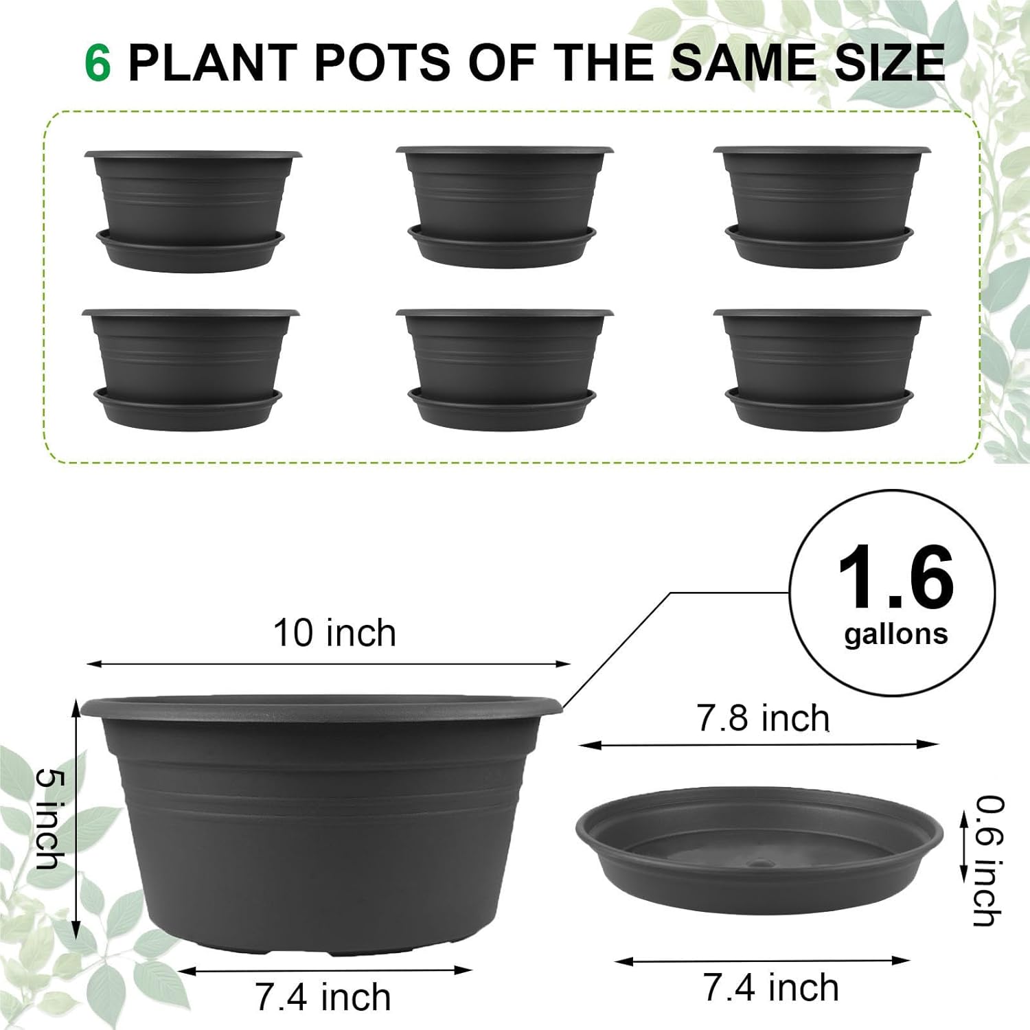 6 Pack 10 inch Plant Pot, Round Plastic Plant Pots, Outdoor Pots for P