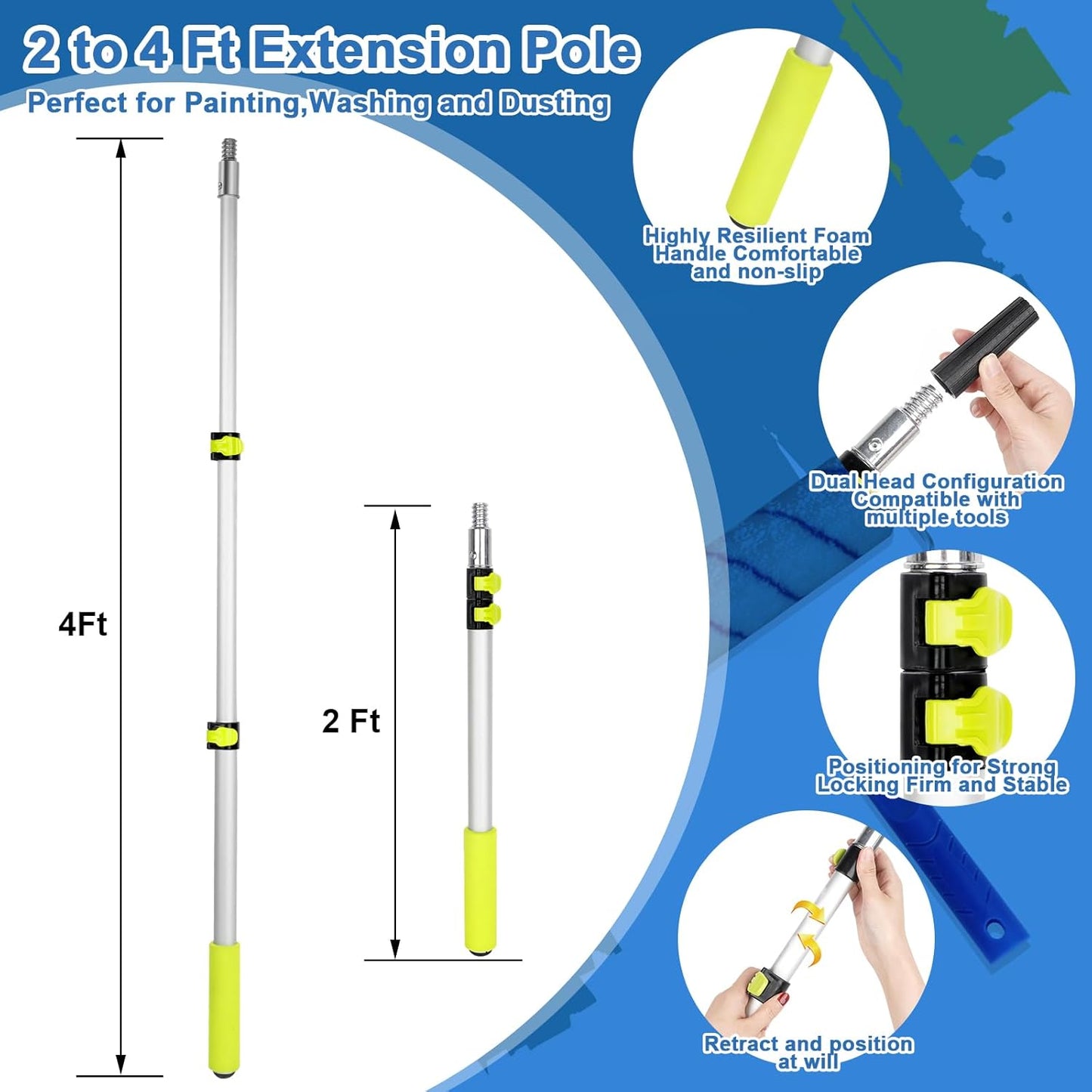 Paint Roller Kit with Extension Pole, 27 Piece Set, 2 to 4 Ft Pole, 4"