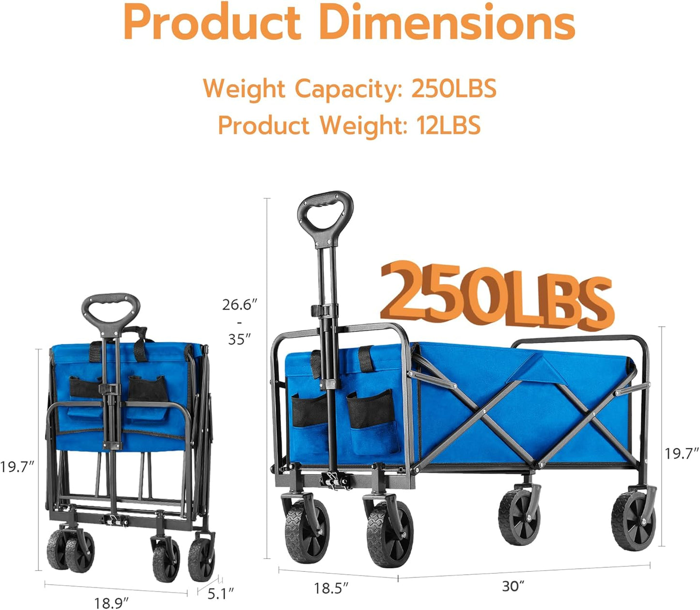 Heavy-Duty Collapsible Wagon Cart with Wheels 250lbs Capacity, Foldable Utility Cart for Camping Gardening Beach, All-Terrain Folding Carts with Reinforced Frame & Smooth Rolling Wheels, Blue