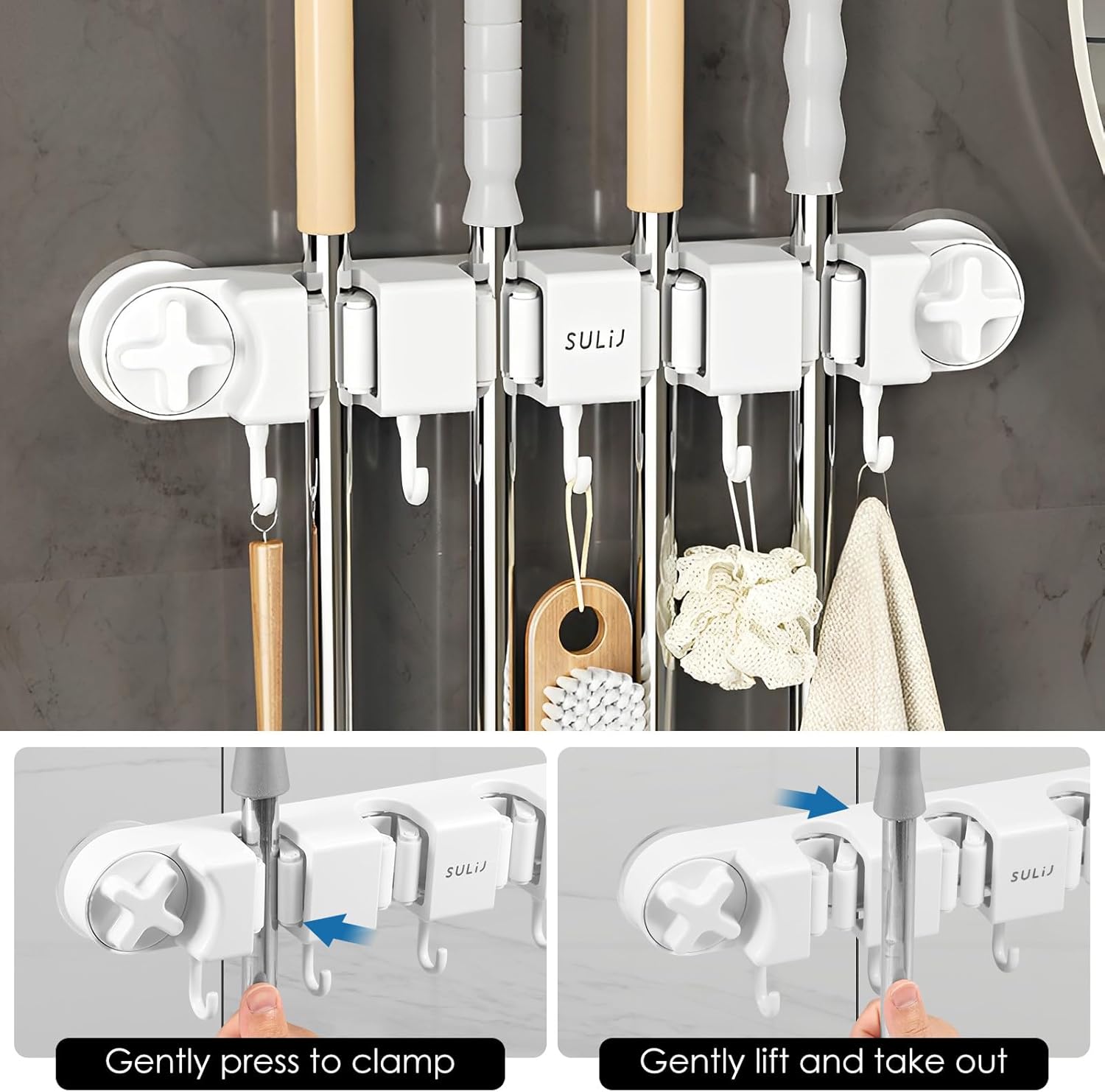 Broom Holder Wall Mount Sturdy Mop and Broom Organizer with 4 Racks an