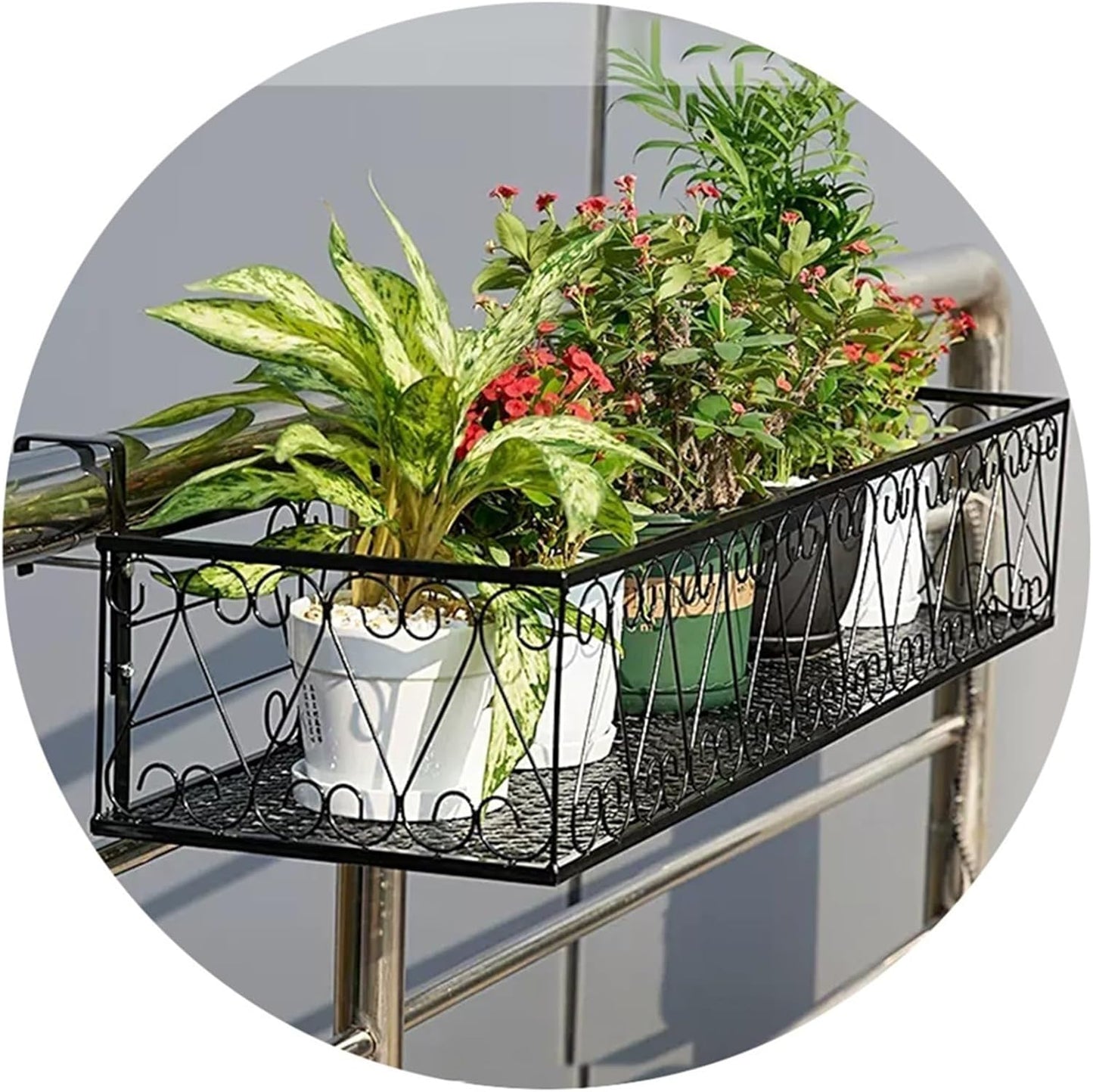 Black & White Railing Planter - Outdoor Fence Planters & Hanging Flower Pot Stand, Durable Plant Shelf for Garden, 60x30x18cm, Perfect for Flowers & Herbs