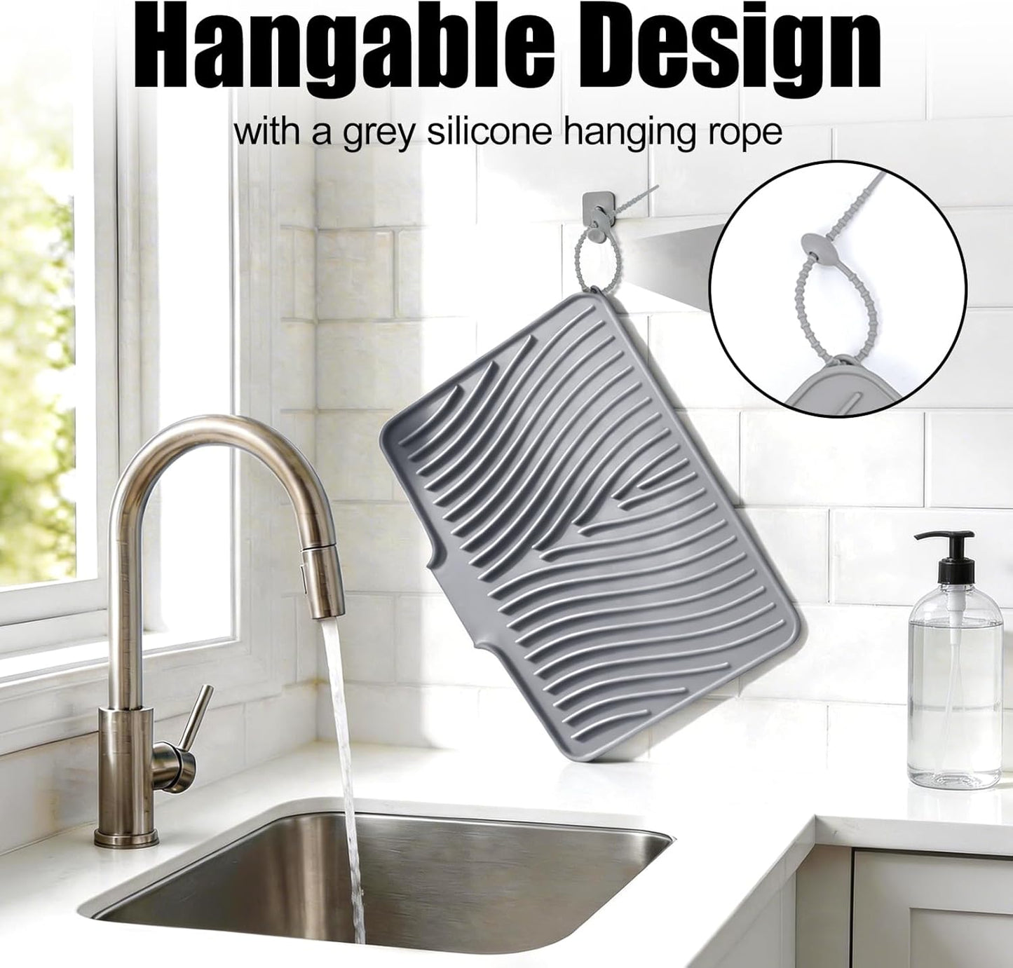 Silicone Dish Drying Mat, Stone Drying Mat for Kitchen Counter with Built-In Drain, Non-Slip Drain Pad with Built-in Drain, Heat Resistant Stone Drying Mat, Hangable, Grey-1pcs, 16" x 12"
